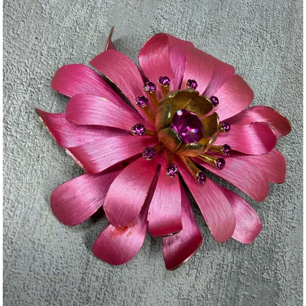 Vintage Pink Enamel Flower Brooch and Clip On Earrings Set Magenta Rhinestone
